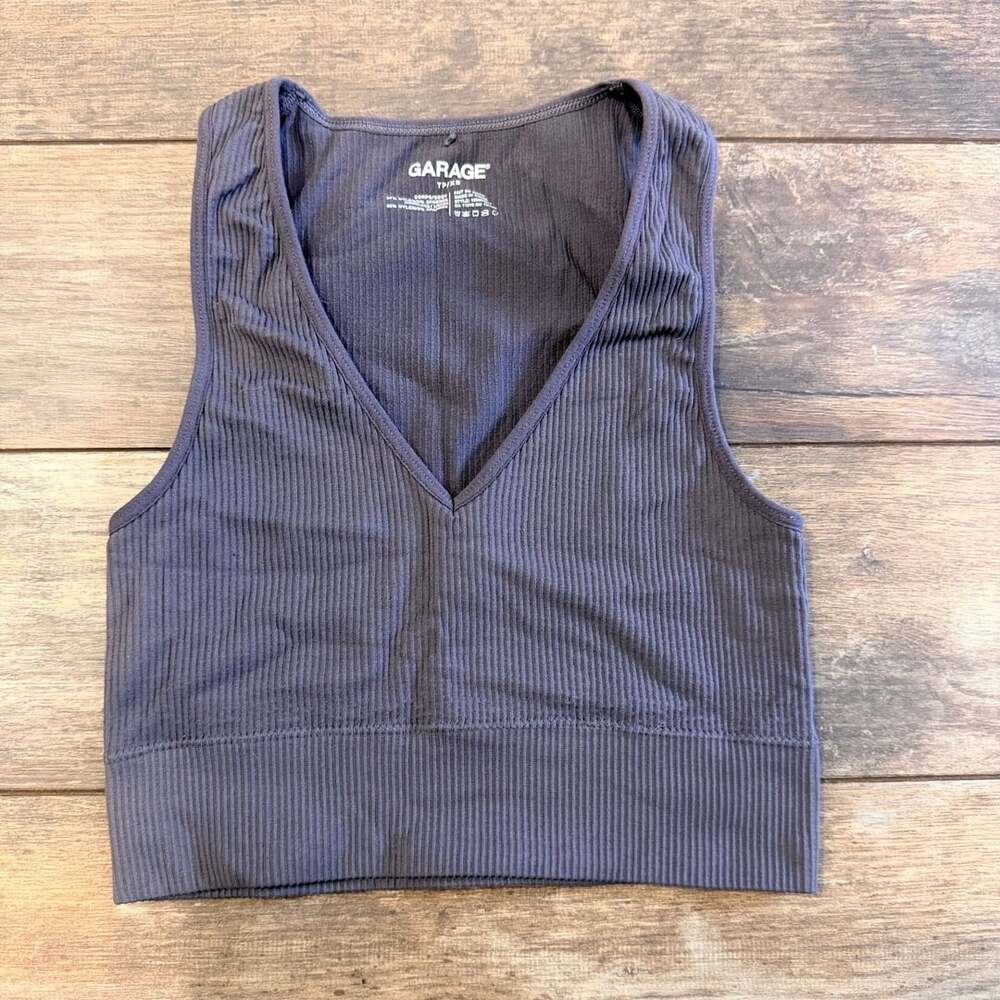 Garage Seamless V-Neck Crop Tank Top TP/XS Dark Gray Ribbed